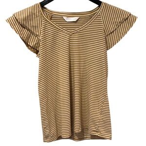 Lauren Conrad XS T-shirt Ruffle Short Sleeves Gold/Cream Striped